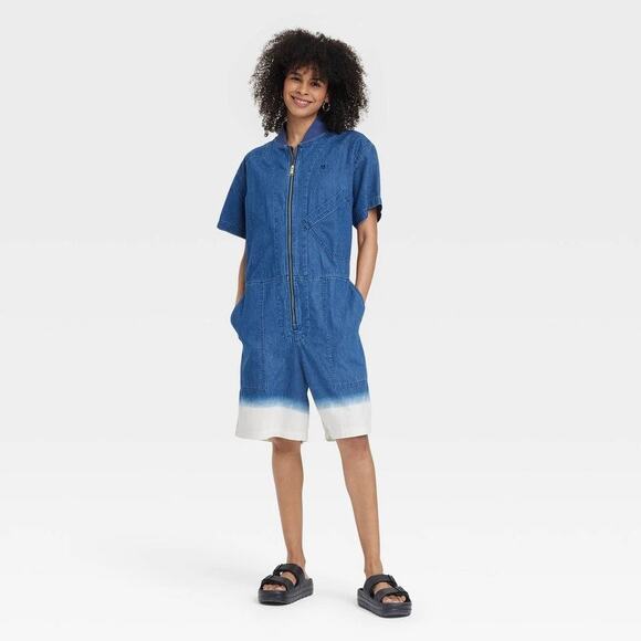 NWT Houston White Size Small Short Sleeve Denim Flight Jumpsuit Romper Shortalls - Picture 1 of 10